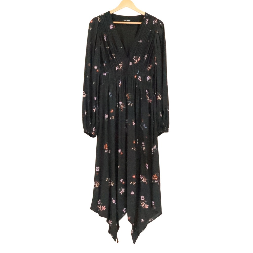 Steve Madden Floral Handkerchief Hem Midi Dress Size M Black Boho Fairy Grunge